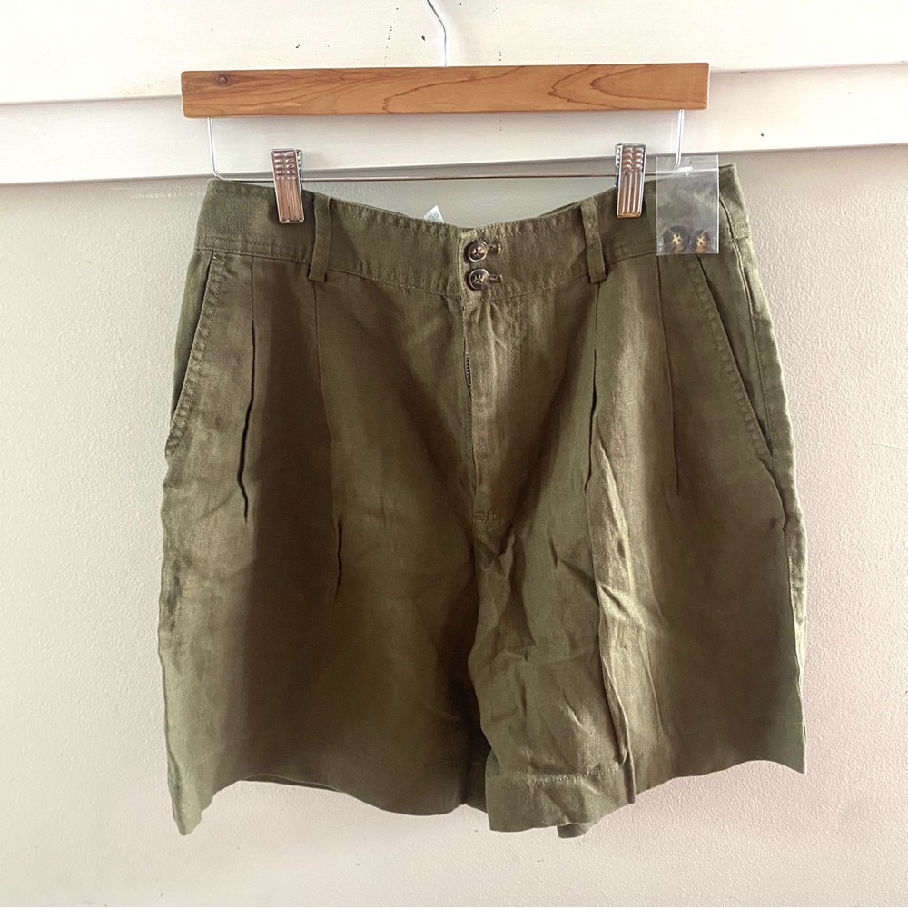Madewell Linen Long Pleated Shorts Kale Green Brown Size 8 - Picture 2 of 8